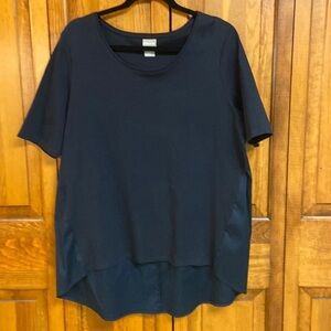 Chicos Navy High Low Shortsleeved Tricot Mixed Fabric Scoop Neck Popover Top S 2